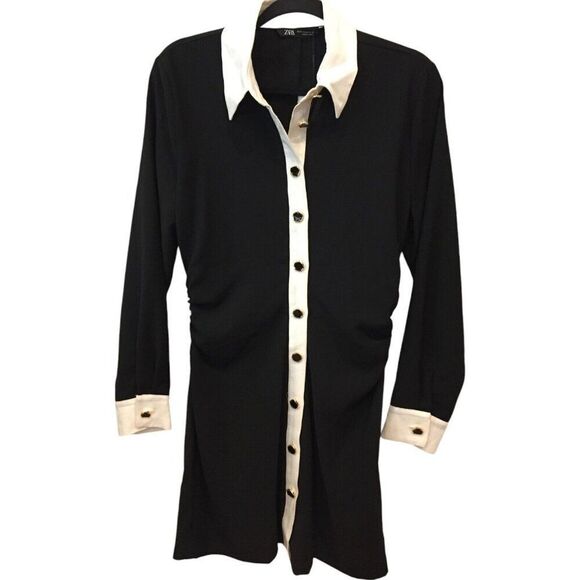 Zara Women Shirt Dress XS Black Crepe Mini Fitted Ruched Long Sleeve 3897/165 NW - Picture 1 of 7